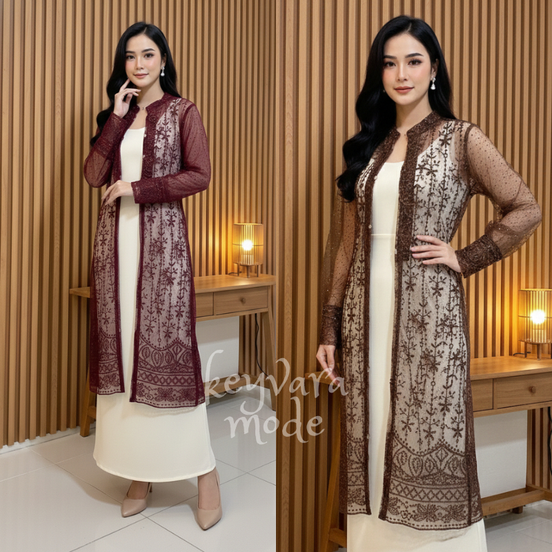 Keyvara Mode - Thalia Outer Dress Brokat Mix Tulle Ethnic Model Terbaru Rompi Inner Longdress Full K