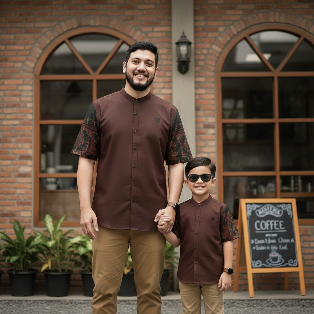 baju koko couple ayah dan anak laki laki warna mahogany grey hitam bahan toyobo