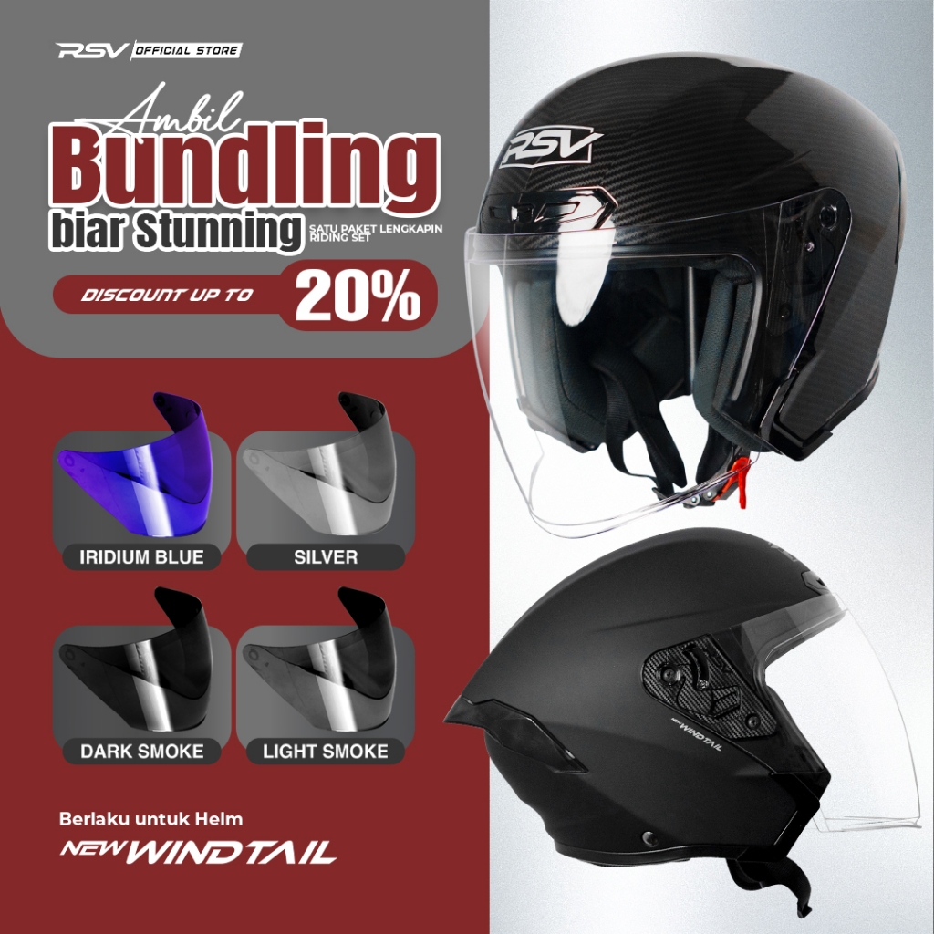 (Bundle) Helm RSV New Windtail Series + Extra Visor Warna (Smoke/Iridium) – Half Face Unisex RSV