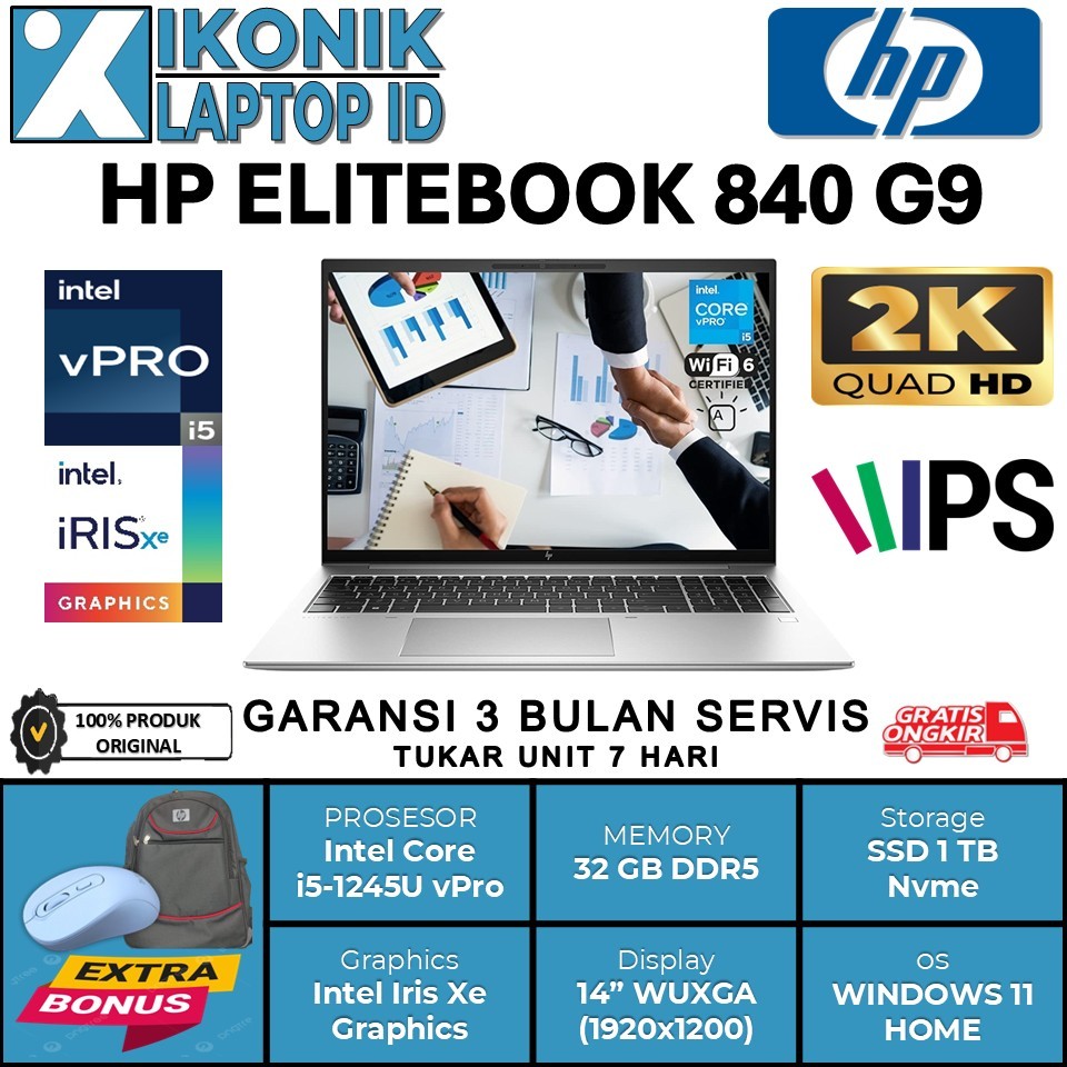 Laptop Slim HP Elitebook 1040 G9 Intel Core i5 Gen 12 Ram 32GB SSD 1TB 14" WUXGA IPS Windows 11 Pro