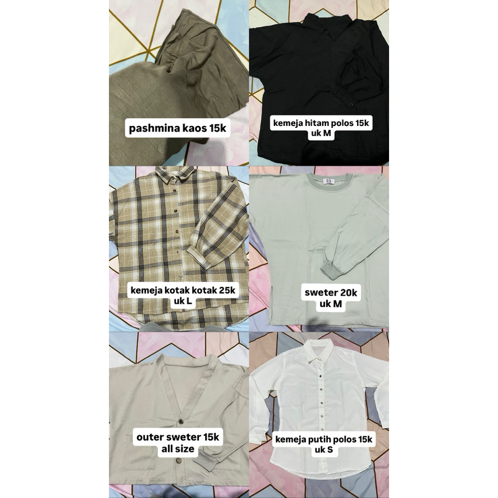 preloved kerudung, kemeja, sweater, outer pakaian wanita, kemeja kotak kotak, pashmina kaos