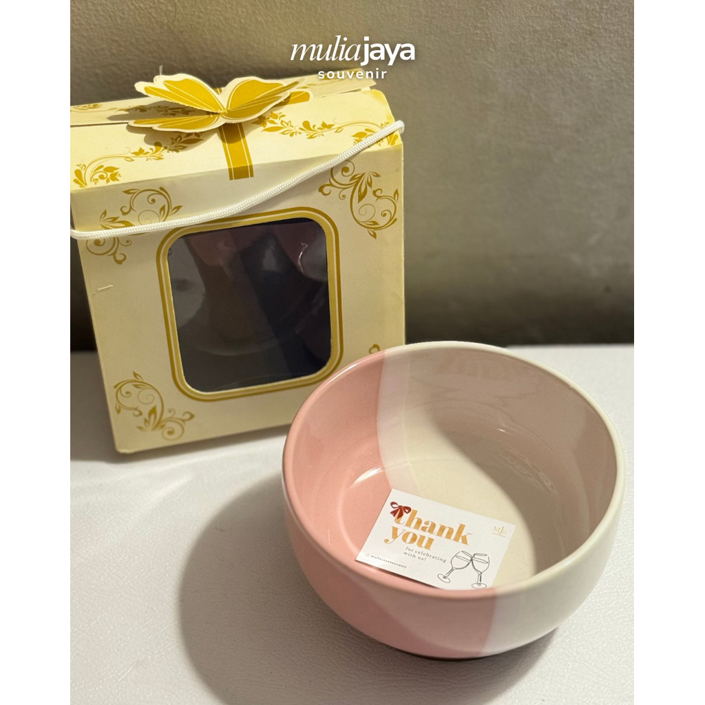 SOUVENIR MANGKOK KERAMIK PINK TEBAL TWO TONE KEMASAN BOX GOLD TALI