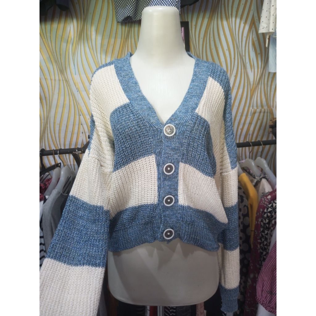 Cardigan Wanita Biru Kotak