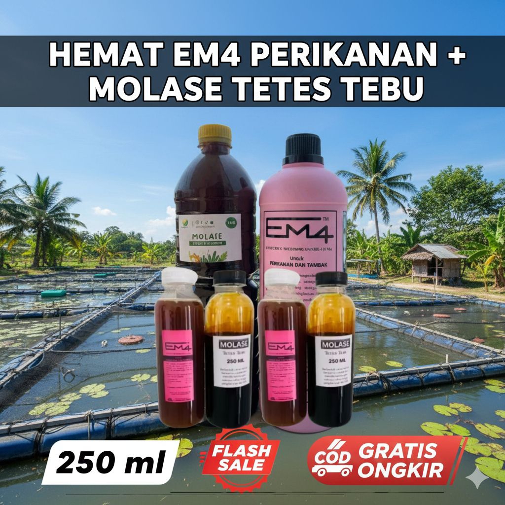 [PAKET HEMAT] Perawatan Kolam: EM4 Perikanan + Molase Tetes Tebu Murni 250ml – Solusi Air Jernih & I