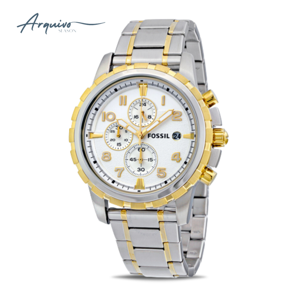 Jam Tangan Pria Fossil Dean Chronograph Silver Gold Stainless Steel Mewah Sporty Original FS4795