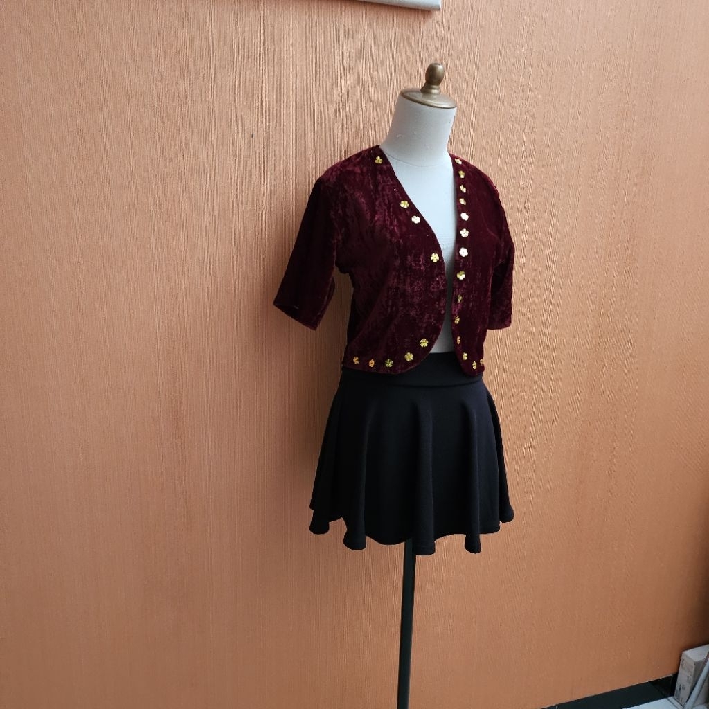 atasan cardigan wanita merah maroon suede M cewek lengan pendek MEWAH outer santai cute suede bludru