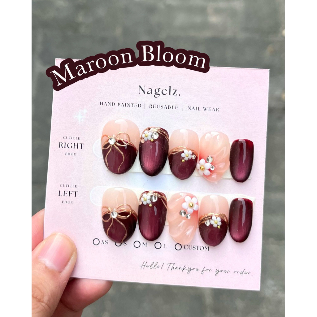 Maroon bloom - PRESS ON NAIL / KUKU PALSU / NAIL ART / KUKU PALSU MURAH / KUKU PALSU MEDAN / PRESS O