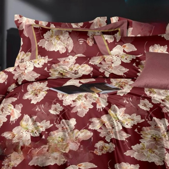 BIOSIBEDDING SPREI SUTRA ORGANIK 100s MOTIF ABSTRAK BUNGA MAROON - SPREI BEDCOVER READYSTOK CUSTOM Q