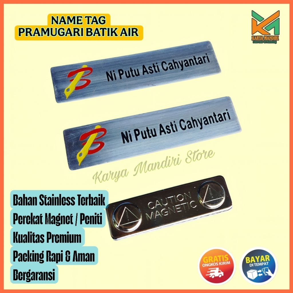 Nametag Nama Dada Stainless Nametag Pramugari Batik Air | Model Etching Grafir Custom Nama dan Logo