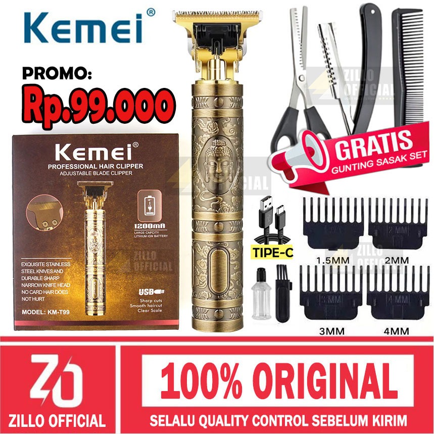 KEMEI Mesin Cukur Rambut Cas KM-T99 Zillo Alat Cukur Baterai BONUS Gunting Sasak Set