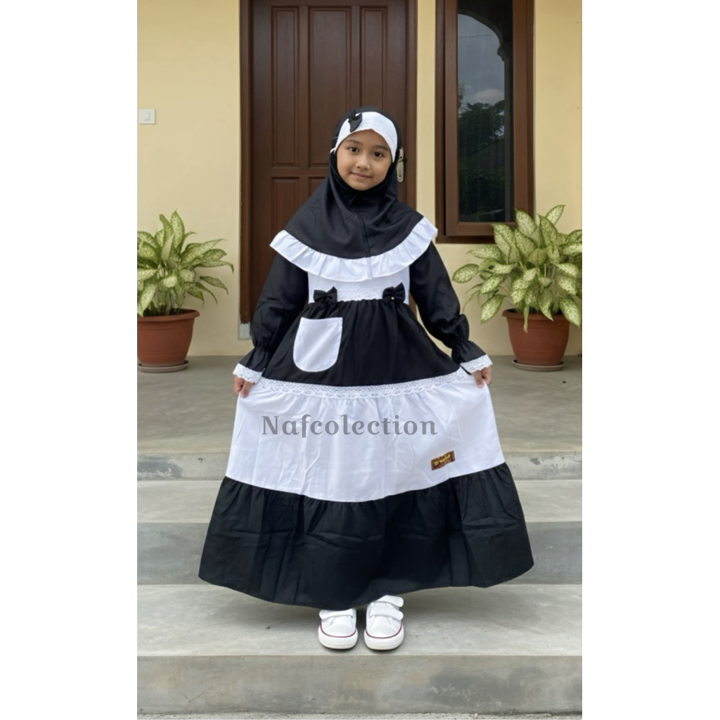 gamis anak hitam putih polos renda//baju muslim gamis/baju seragam sekolah/seragam hitam putih