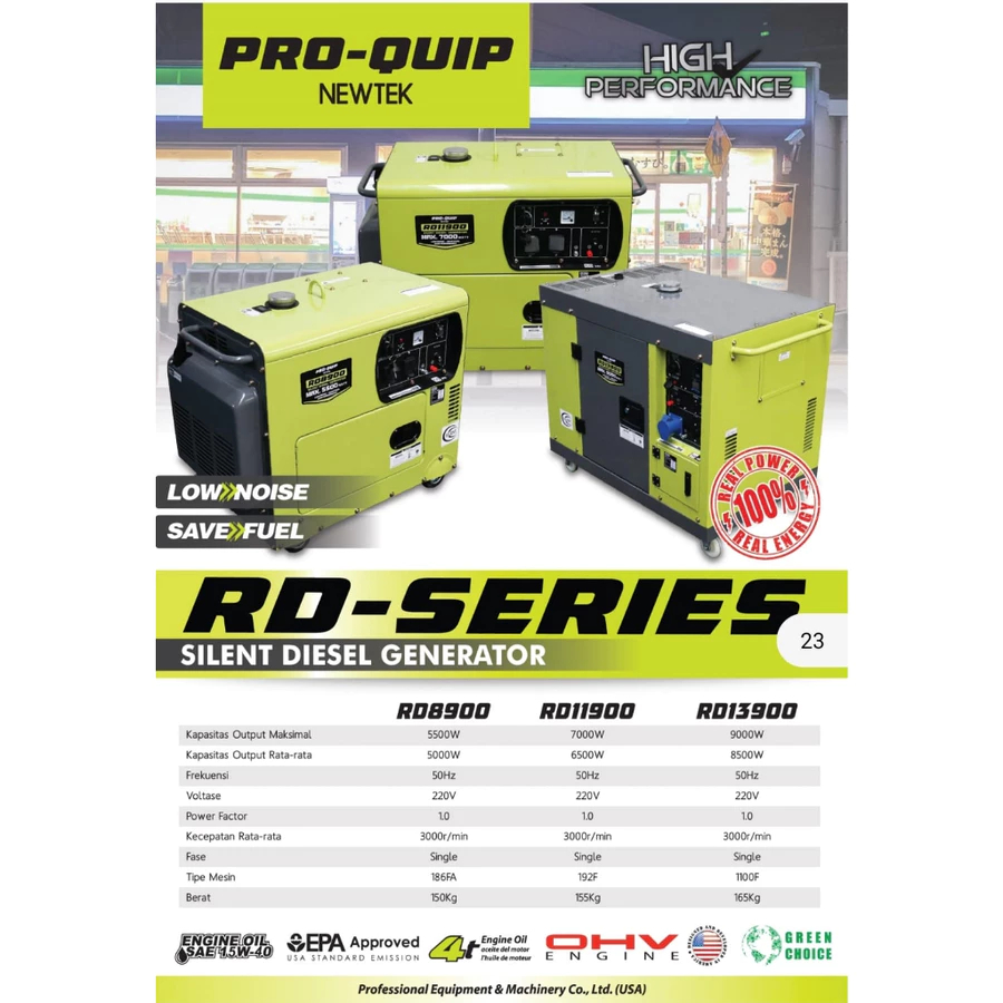 Genset Silent DIESEL PROQUIP RD13900 9000Watt/ Power Generator RD 13900 9900W Gasoline SOLAR RD-1390