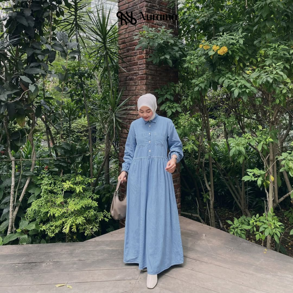 Zoya Dress Baju Gamis Babydoll Dua Saku Dress Casual Bahan Denim Lengan Karet C57K DENIM