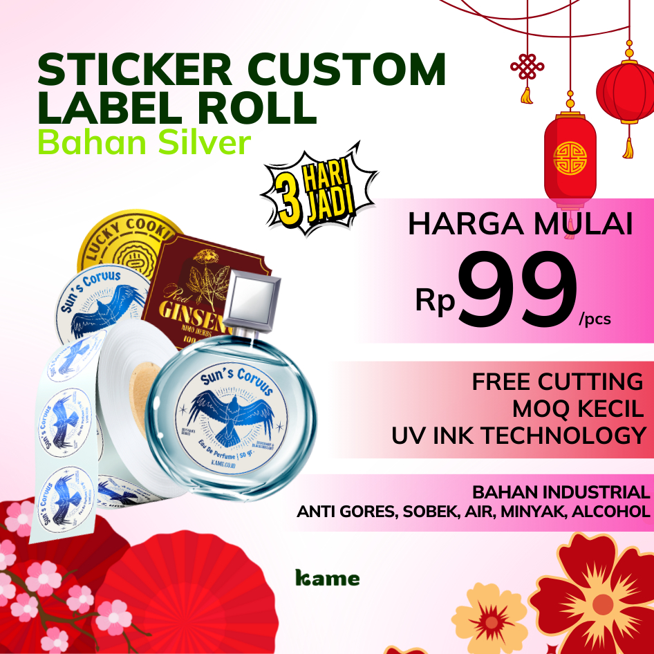 Cetak Stiker Label Roll UV INK Silver | Stiker Roll Custom Bulat Kotak Silver | Stiker Cutting Kiss 