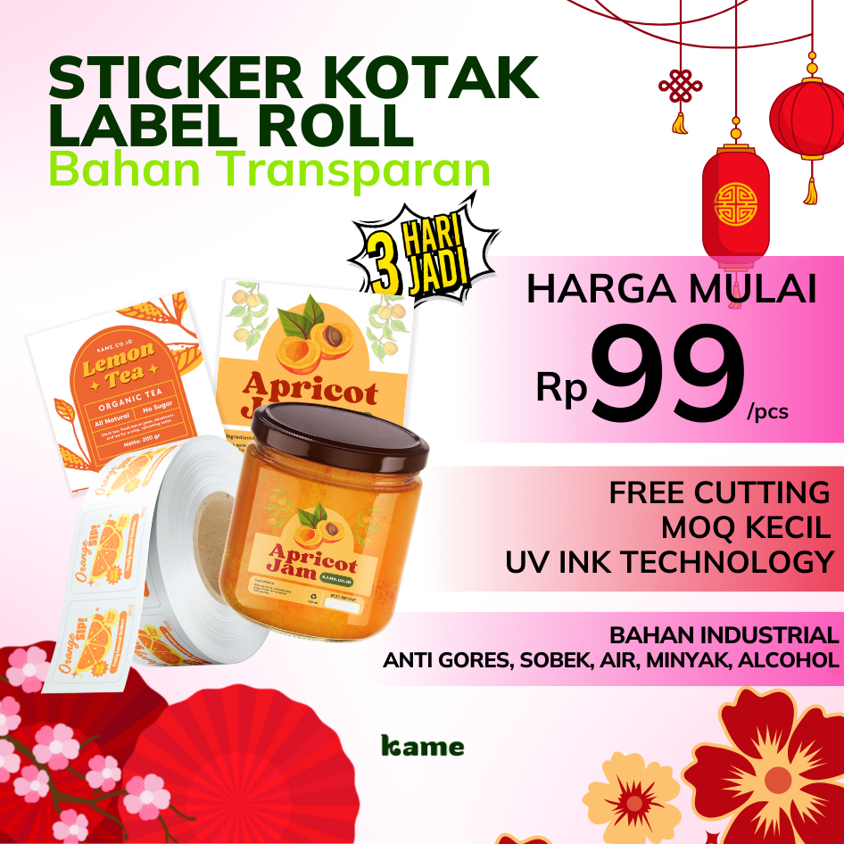 Cetak Stiker Label Roll UV INK Kotak Transparan | Stiker Roll Custom Anti Air | Stiker Cutting Kiss 