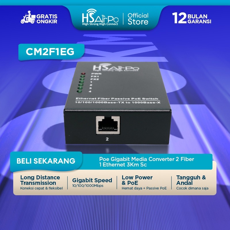 HSAirPo CM2F1EG Poe Gigabit Media Converter 2 Fiber 1 Ethernet 3Km Sc