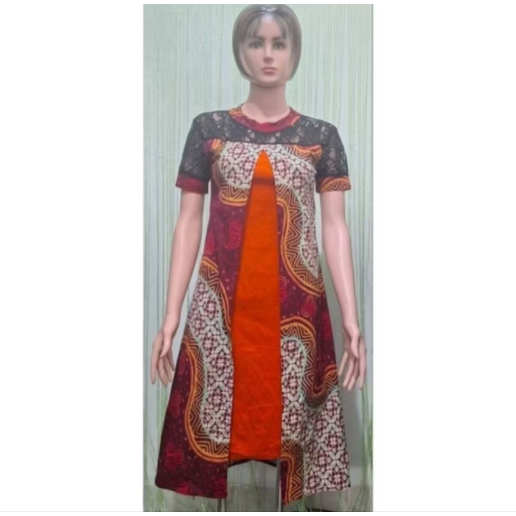 dress batik merah orange lengan pendek combi brukat