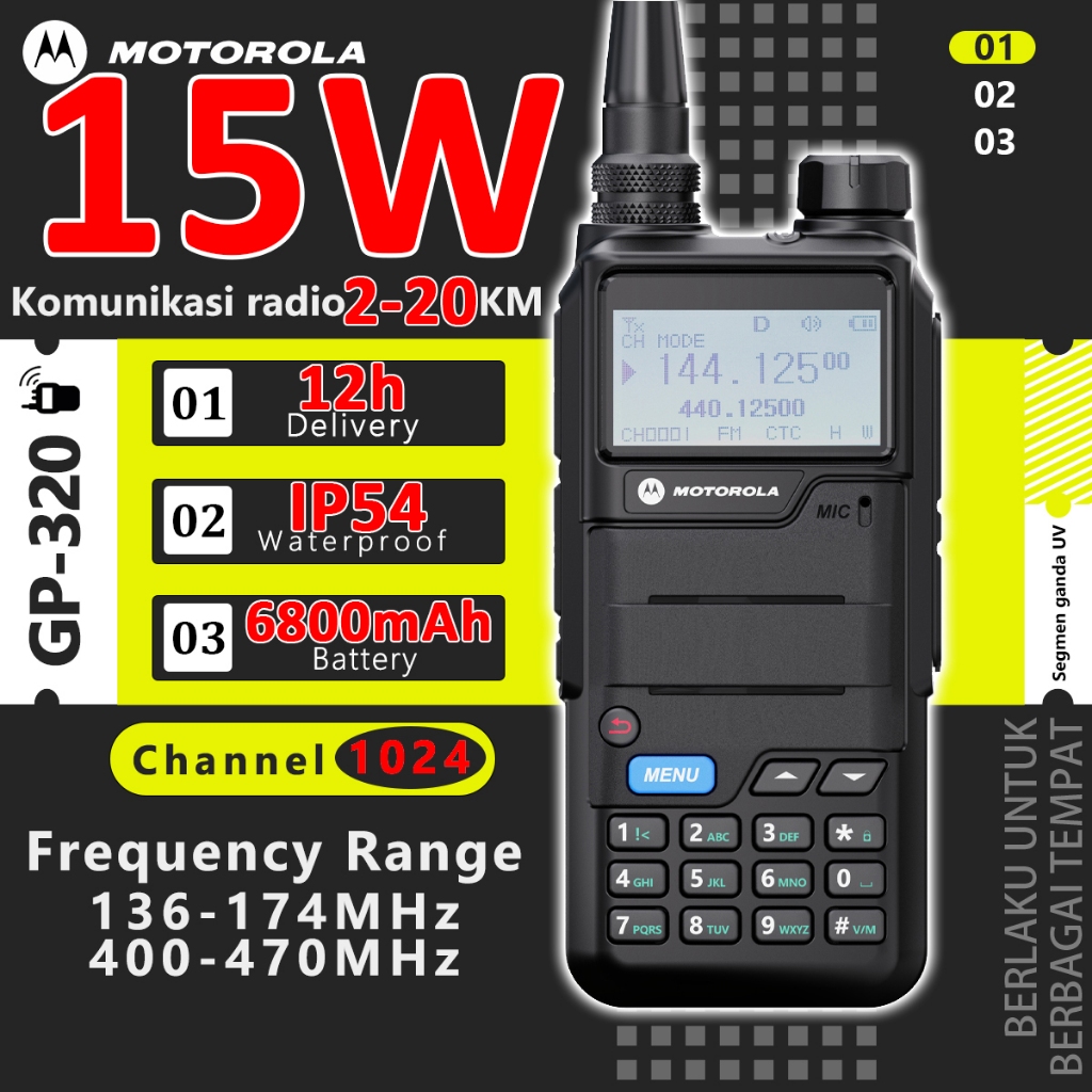 HT Motorola Mini GP320 Walkie Talkie Jarak Jauh 20KM Dual Band 1024 Channel Two Way Radio 15W High P