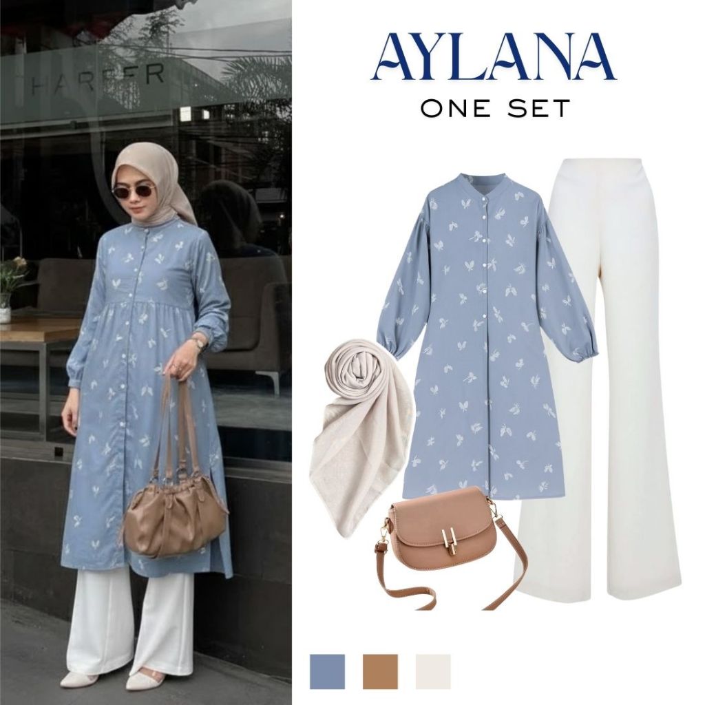 One Set Outfit Remaja (Tunik Sabila Melayu, Kulot, Hijab, Slingbag) Setelan Kondangan Kekinian WR185
