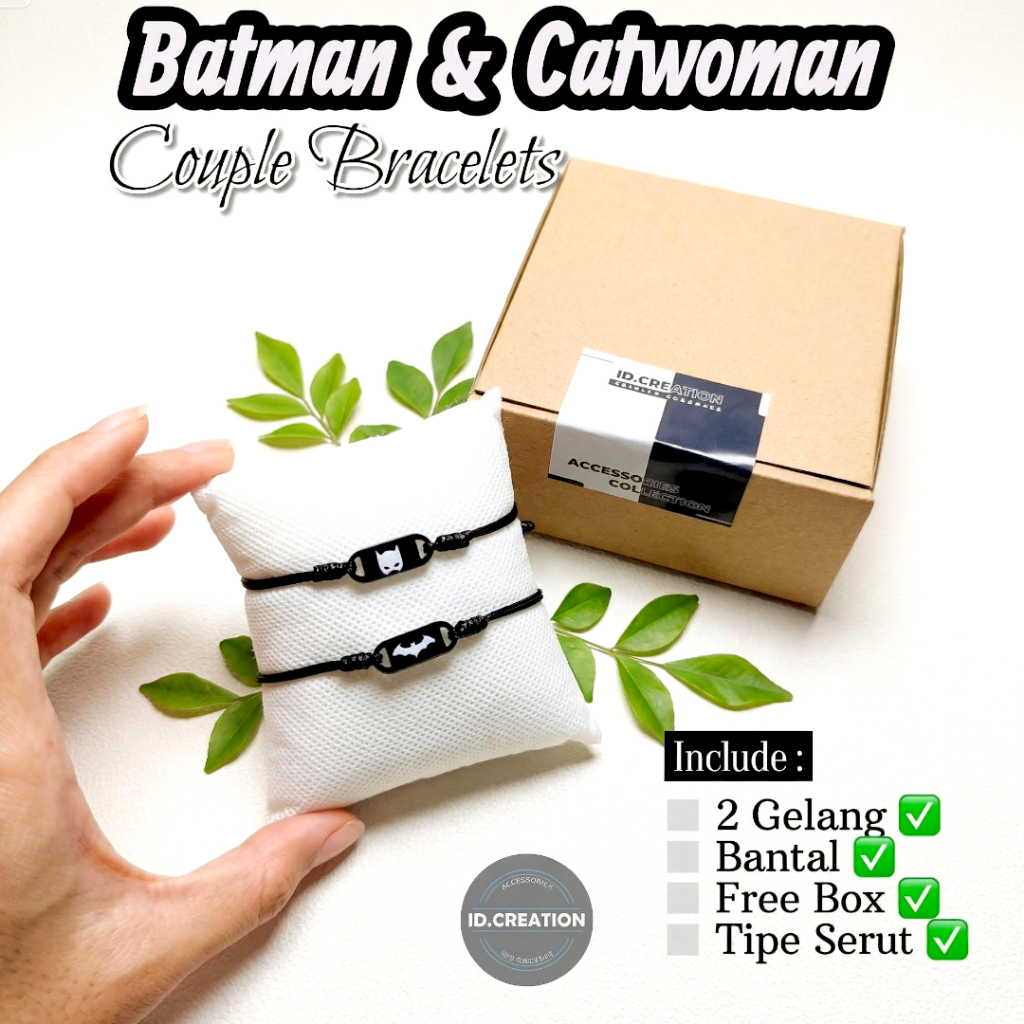Gelang Couple Batman & Catwoman - Tali Korea Hitam Tipe Serut Waterproof Free Box (2 pcs)