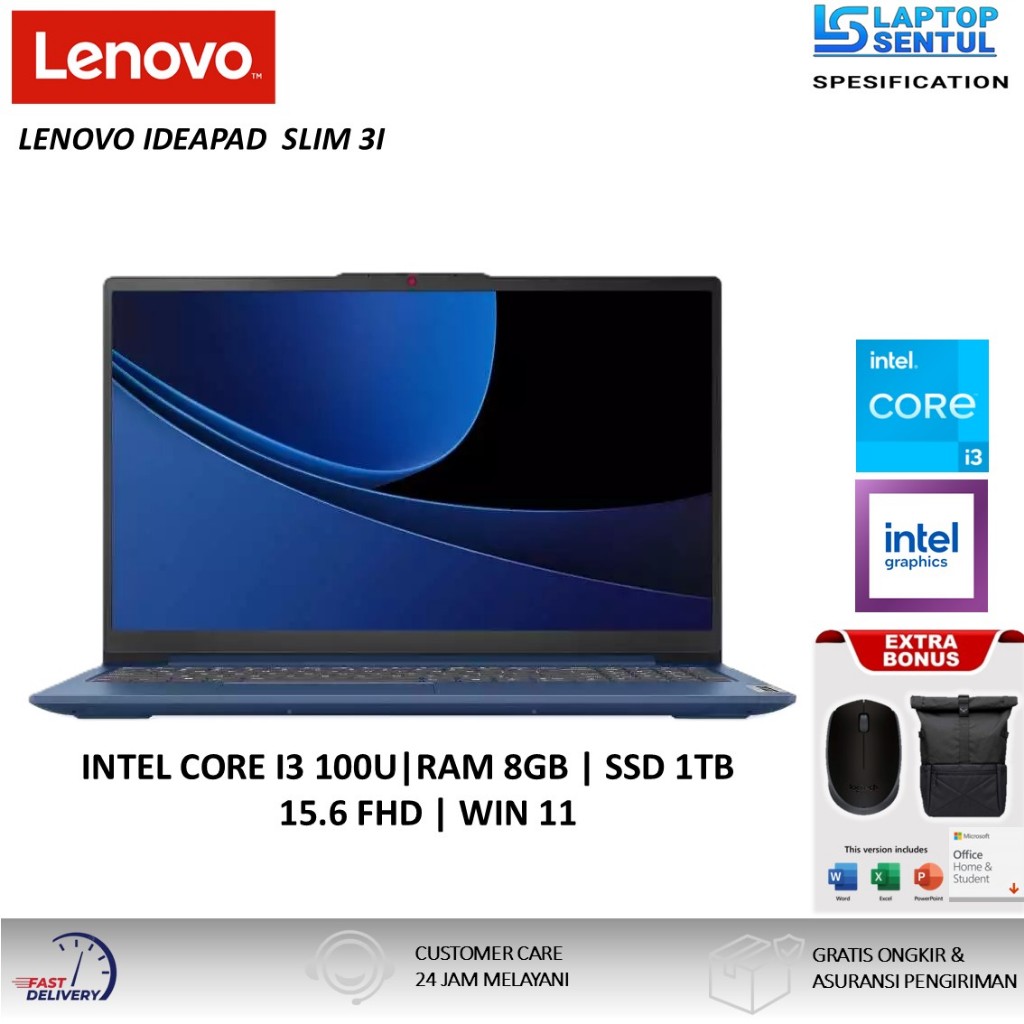 Laptop Touchscreen Lenovo Ideapad Slim 3i Intel Core i3 100U FHD IPS Windows 11 Office 2024 Blue