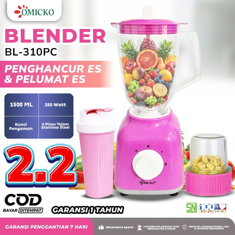 COD OMICKO Blender BL-310PC Pink 1500ml | 6 Mata Pisau Stainless | Smoothie Bumbu Es Kecil Halus Awt