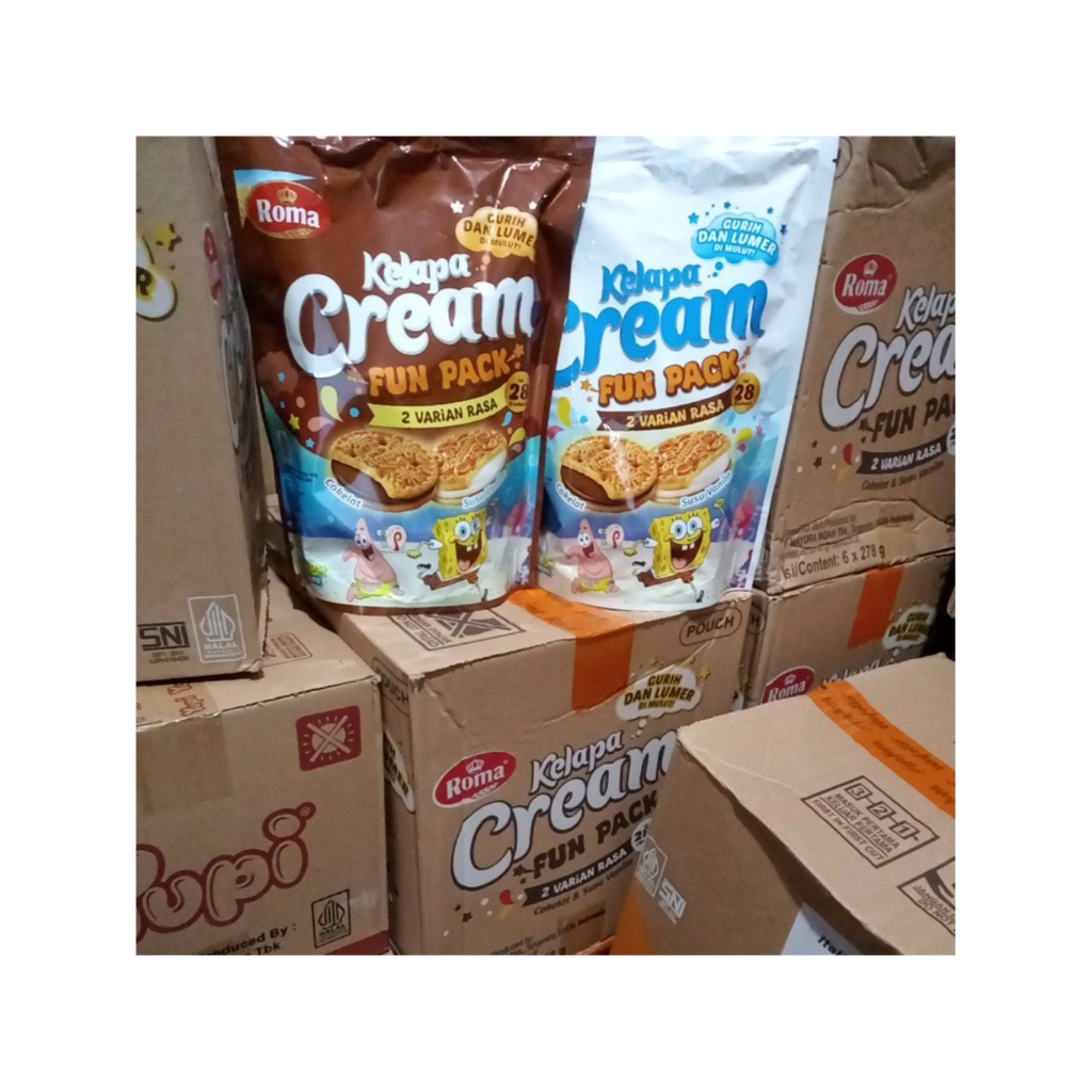 Roma Kelapa Cream Fun Pack Pouch 278g Isi 28 Biskuit 2 Varian Rasa Coklat & Susu Vanilla