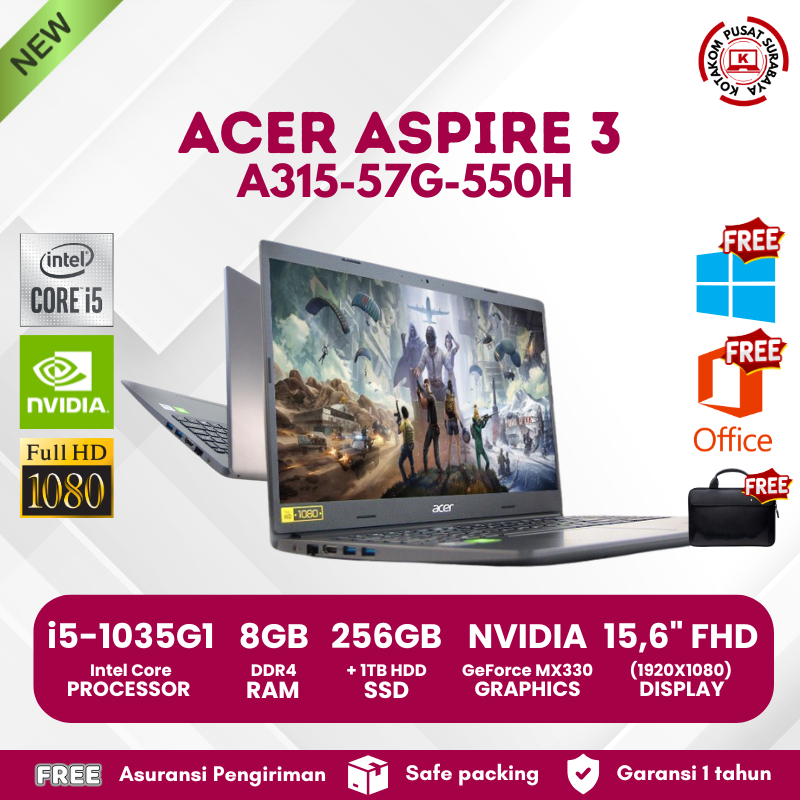 Laptop Gaming Ringan - Acer Aspire 3 A315-57G-550H NVIDIA GeForce MX330 Core i5 Gen10 RAM 8GB SSD 25