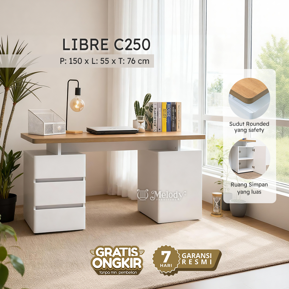 Melody Furniture - Meja Kerja Meja Belajar Modern Minimalis LIBRE C 250 WHITE - RIVIERA