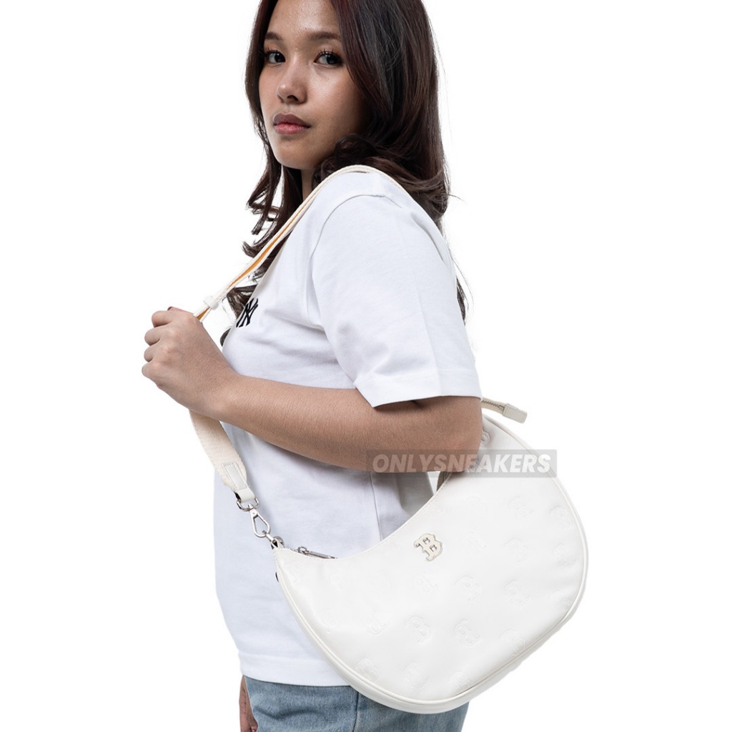 MLB CLASSIC MONOGRAM EMBOSSED CROSS HOBO BAG BOSTON WHITE