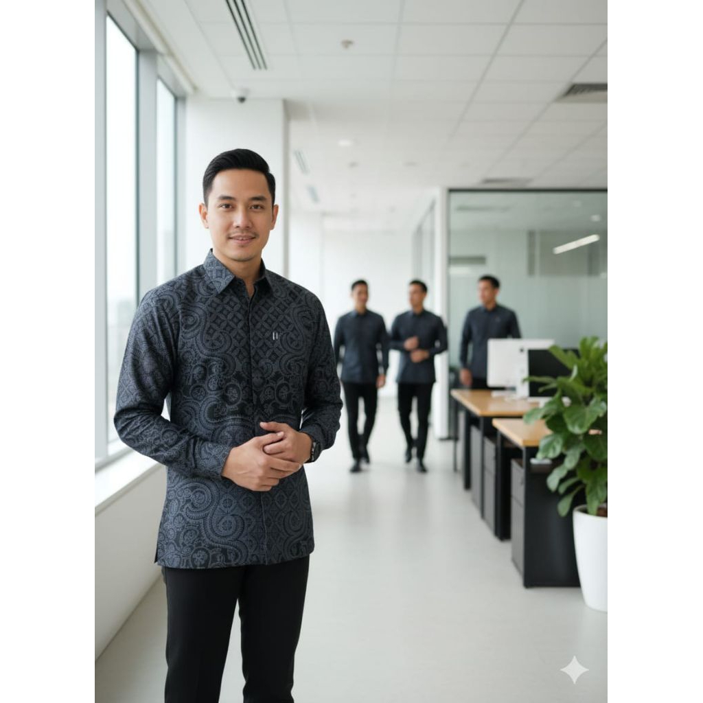 NEW hitam abu batik pria lengan panjang