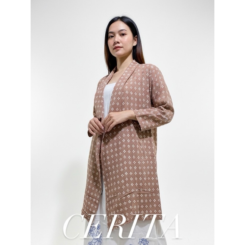 Cerita Outer Batik Wanita Modern Lengan Panjang Allsize Ld 120cm Coksu Bahan Rayon Premium Cap Handm