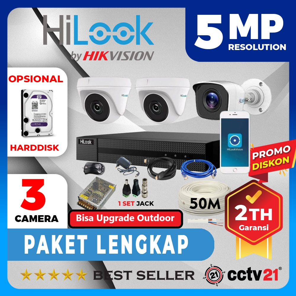 Paket 3 cctv Hilook 5MP Camera Kamera Lengkap Tinggal Pasang Garansi Resmi