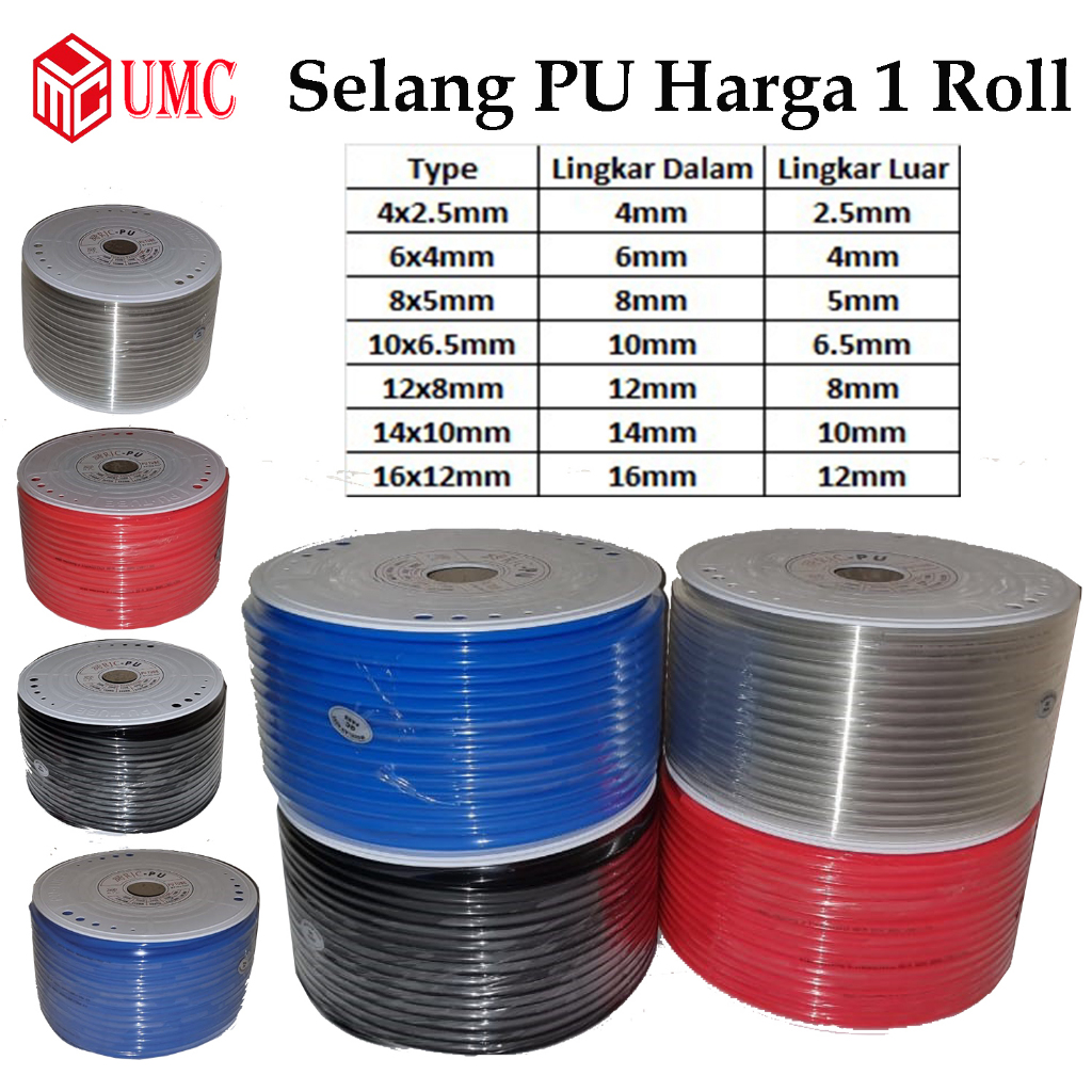 UMC Hose Pu Selang PollyUrethane (PollyUrethane) Ukuran OD 4mm 6mm 8mm 10mm 12mm 14mm 16mm 1 roll