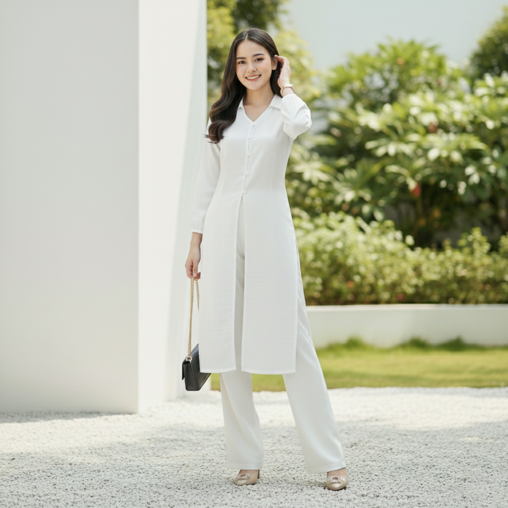 Long Tunic Dress Outer Premium Wanita Bahan Katun Crinkle Tebal Leher Berkerah