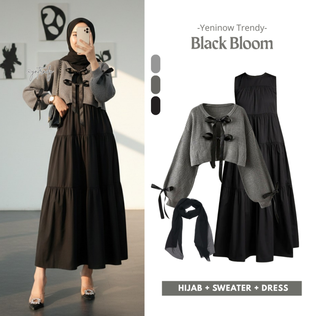 Black Bloom One Set 3in1 Sweater Cardigan Rajut Pita Inner Dress Hijab Segiempat Hitam Vintage Setel