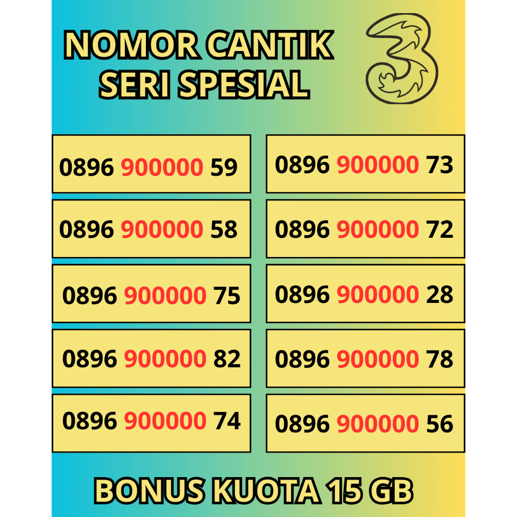 Nomor Cantik Tri Seri Ratusan Ribu Spesial Rapi Kartu Perdana Cantik