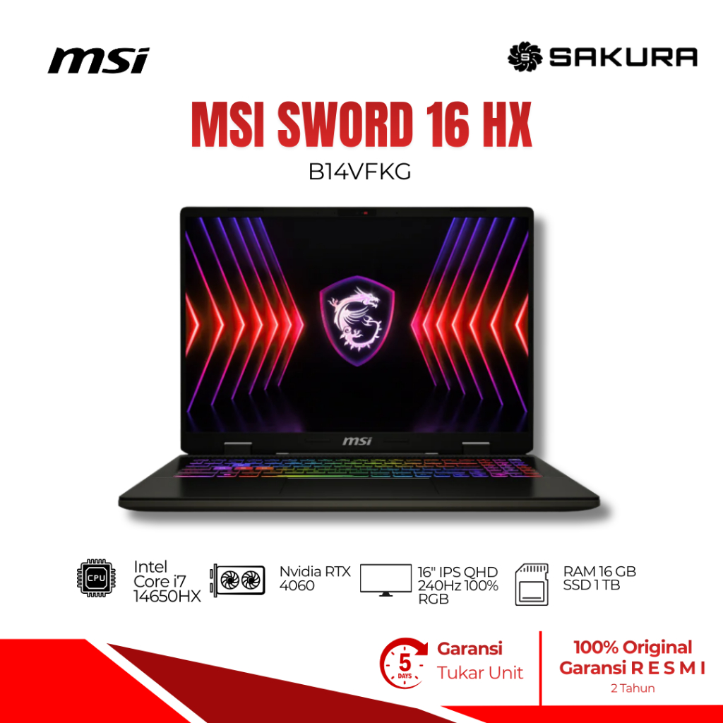 MSI Sword 16 B14VFKG i7 14700HX 16GB 1TB SSD RTX4060 16" QHD+ W11