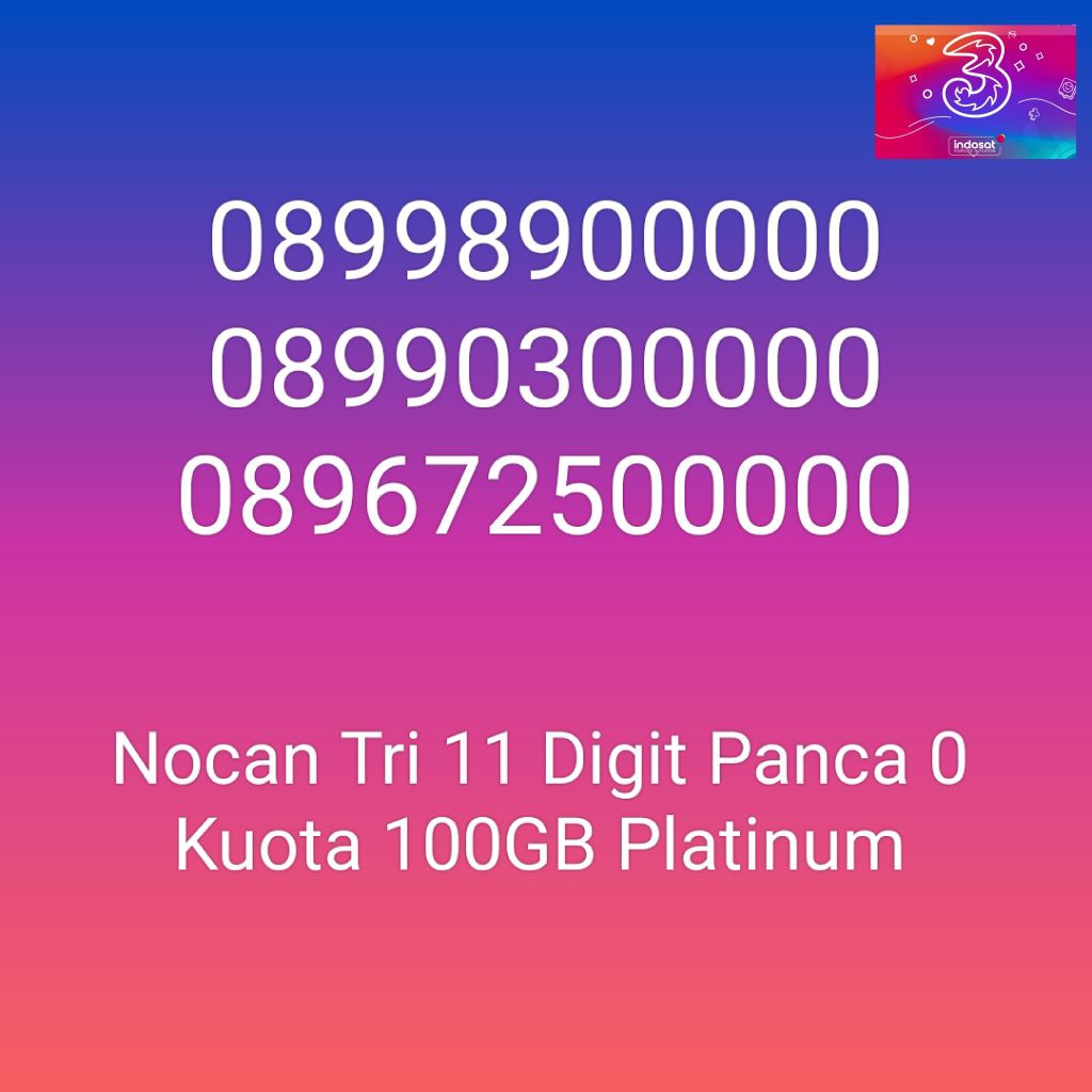 Nomor Cantik Nocan 11 Digit Panca 0 Terdiri Dari Angka 0, 8 & 9 Kartu Perdana Tri Three 4G LTE Kuota
