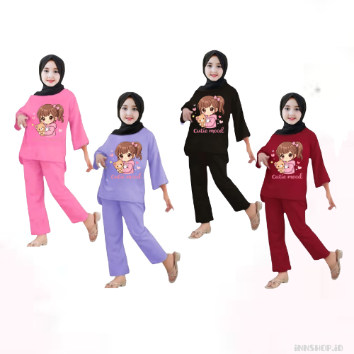 Baju Anak One Set Cewek | Cutie Mood | Atasan + Celana | Usia 3–11 Tahun