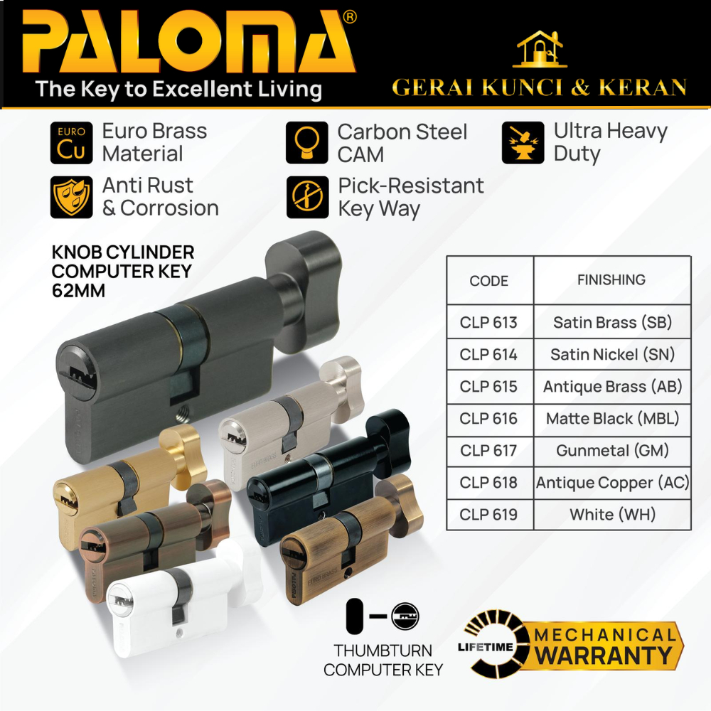 Knob Cilinder PALOMA CLP 613 614 615 616 617 618 619 Deluxe KC-CK 62MM SN Computer Key  Silinder Kun