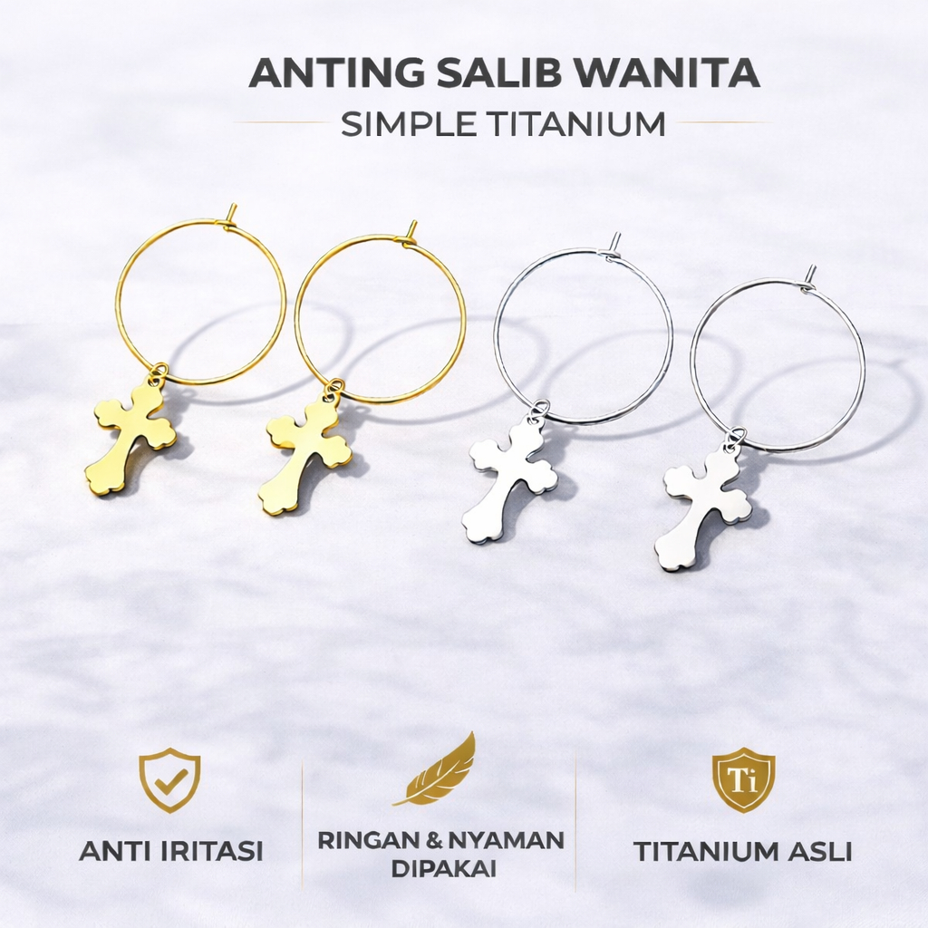 ALPHA OMEGA - Anting Salib Tindik Wanita Titanium | Anting Salib Elegan Simple Minimalis | Anting Sa