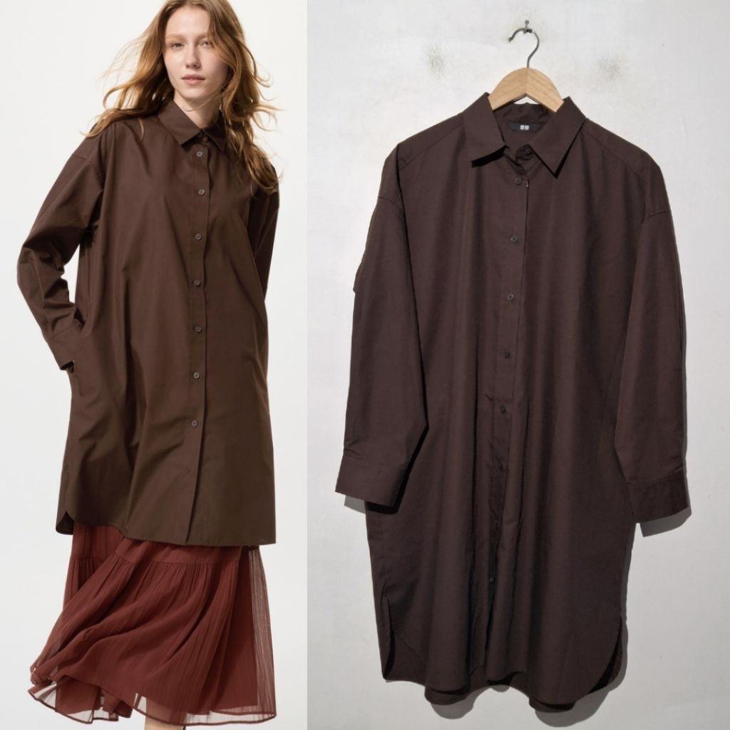 UNIQLO GAUN KEMEJA OVERSIZE DRESS 38 DARK BROWN BARU ASLI ORIGINAL