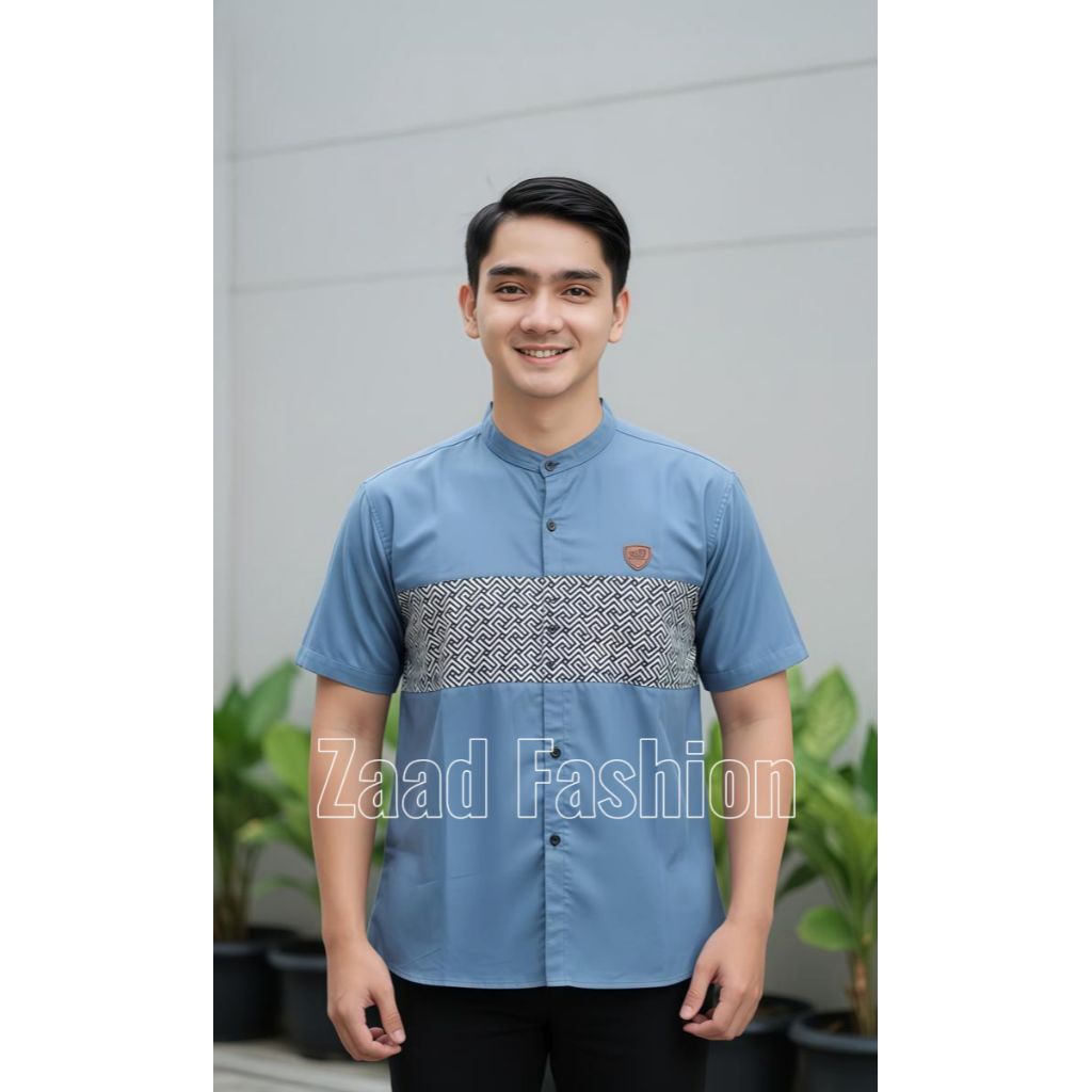 Koko Kurta Dewasa Lengan Pendek Warna Denim  Kombinasi Batik Terbaru