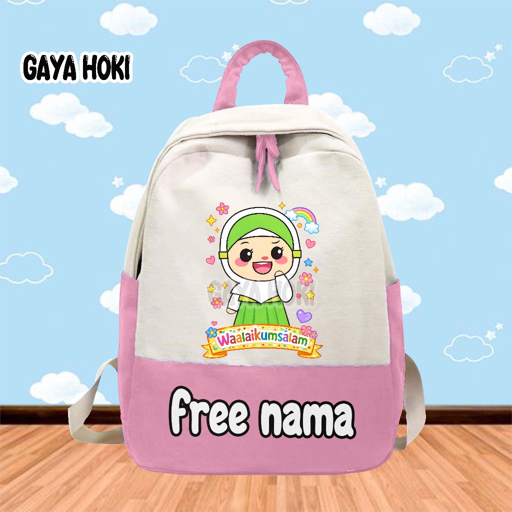 [FREE NAMA] Tas Ransel Tas Anak Ngaji Sekolah TK/SD Gambar Kartun Perempuan "Waalaikumsalam"