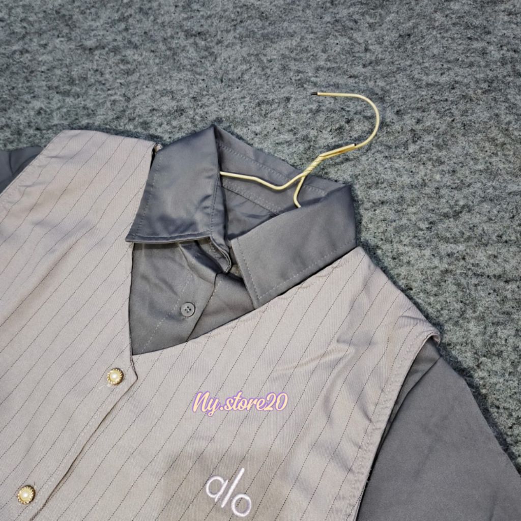 Kemeja Blouse Set Vest Linen Salur Import Wanita 2 IN 1 Kemeja Vest Atasan Wanita Bordir alo