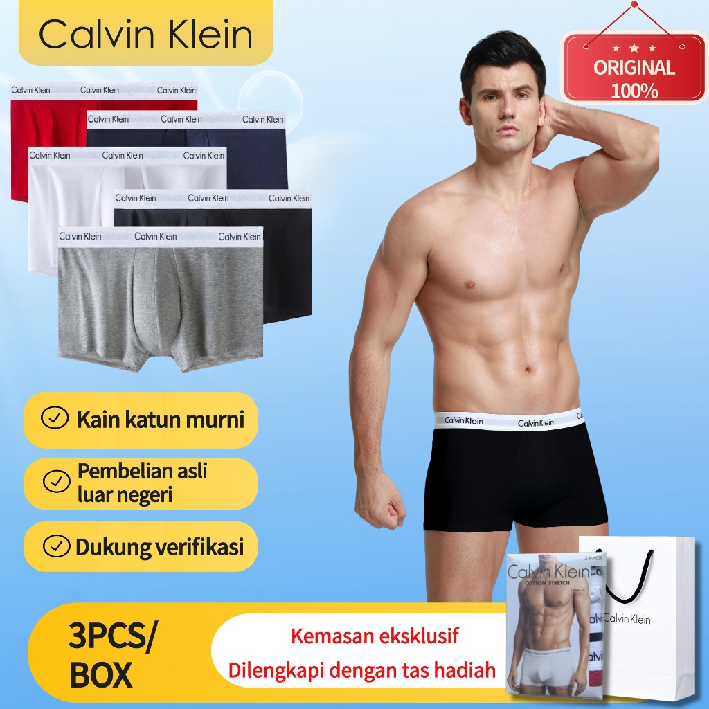 Celana Dalam Pria Calvin Klein - Celana Boxer Pria CK Impor Asli - Katun Murni Nyaman 3-Pack