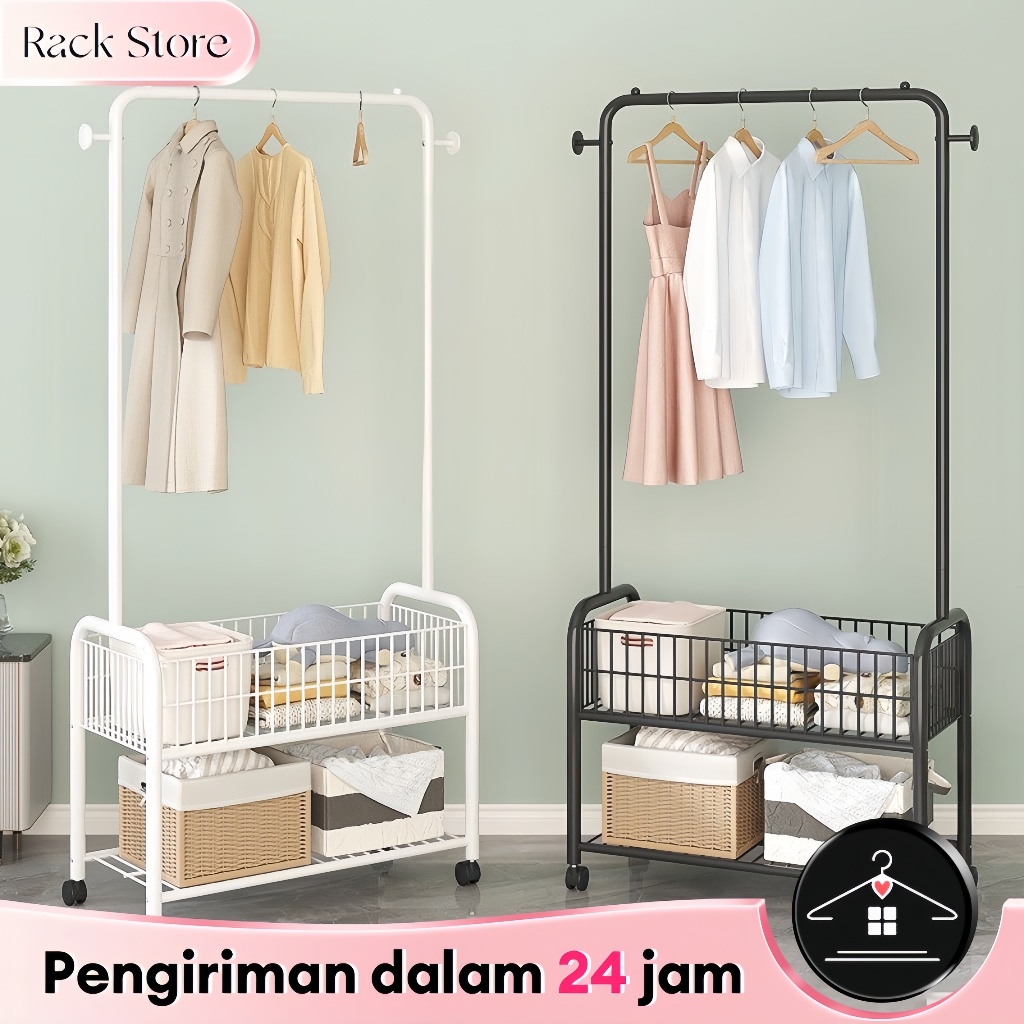 Gantungan Baju Berdiri Berdiri Jemuran Roda Besi Rak Troli Dorong Jemuran Pakaian Serbaguna