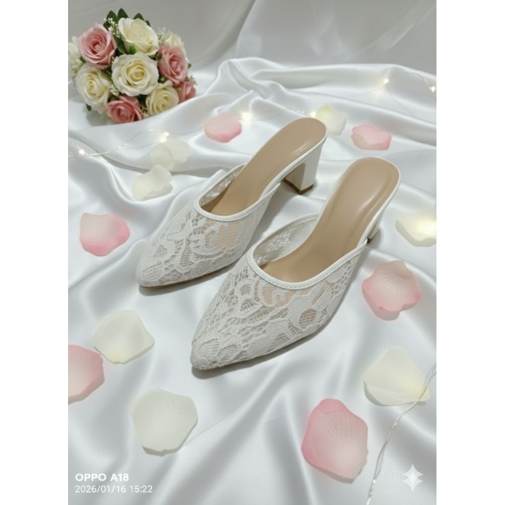Sepatu pesta slop pengantin brukat  high hells tinggi hak 7cm
