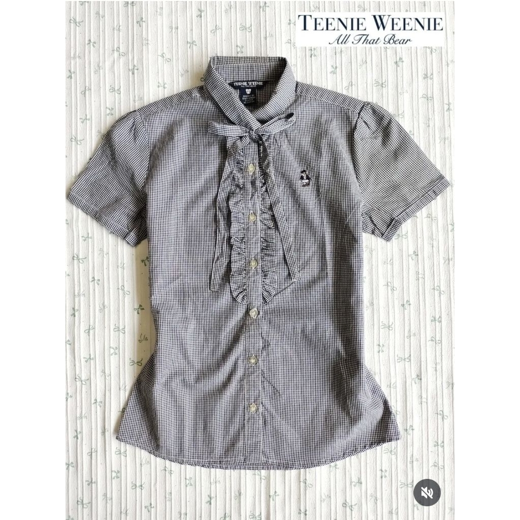 [Teenie Weenie] kemeja pendek blouse plaid kotak kotak hitam pita ruffle